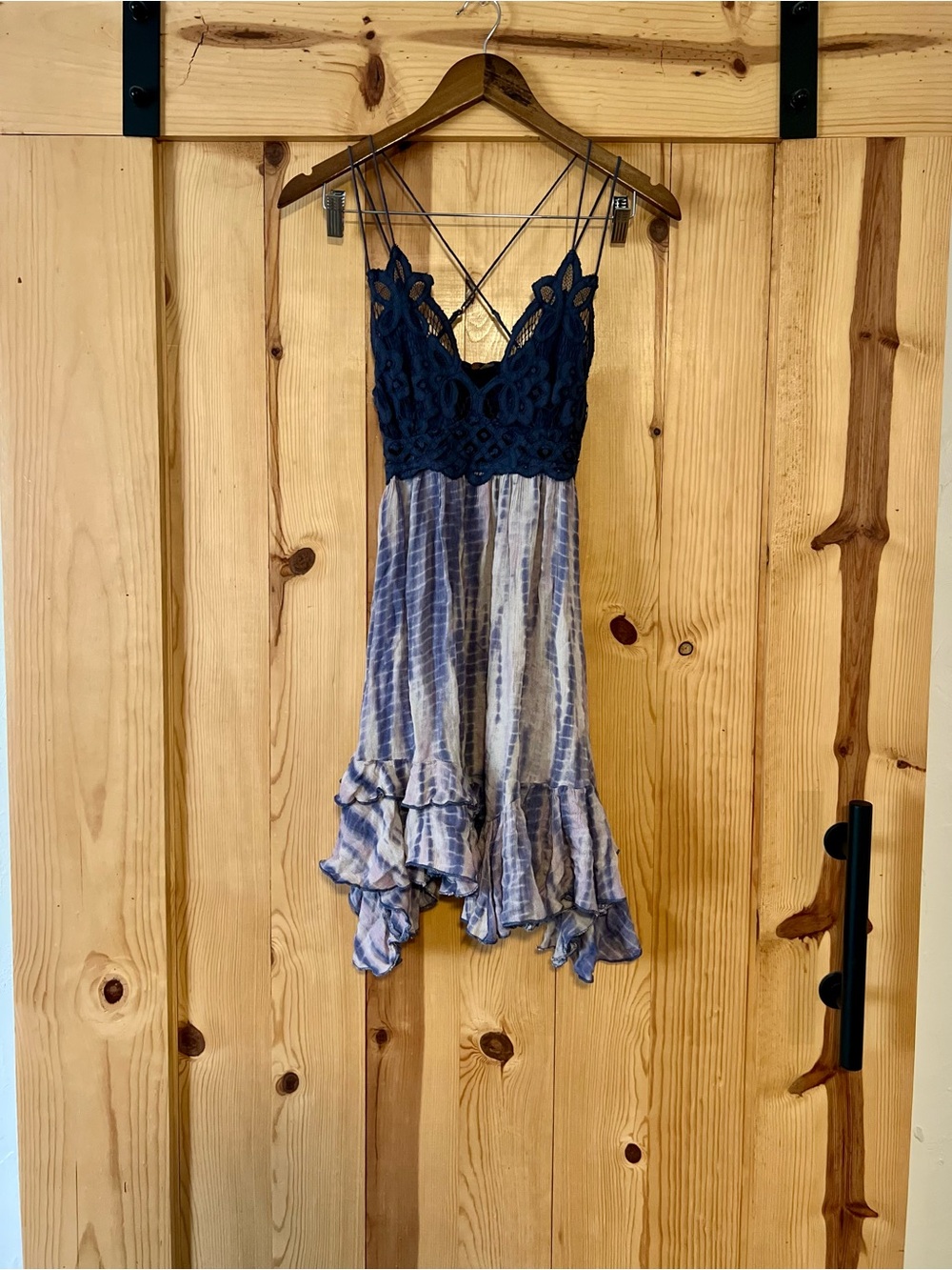 Free People Crochet Bodice Tie-Dye Mini Dress in Navy and Light Blue XS